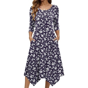 Zeagoo Midi Dresses Women 2026 Dress 3/4 Sleeve Casual Dresses with Pockets A Line Summer Beach Sundress(Flower Branch)