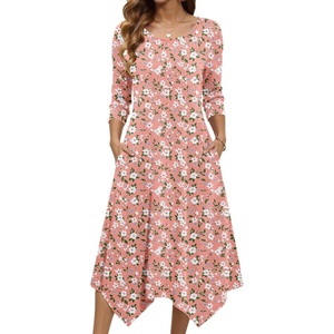 Zeagoo Midi Dresses Women 2026 Dress 3/4 Sleeve Casual Dresses with Pockets A Line Summer Beach Sundress(Pink Floral)
