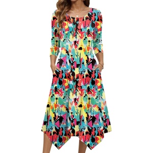 Zeagoo Midi Dresses Women 2026 Dress 3/4 Sleeve Casual Dresses with Pockets A Line Summer Beach Sundress(Red Blue)
