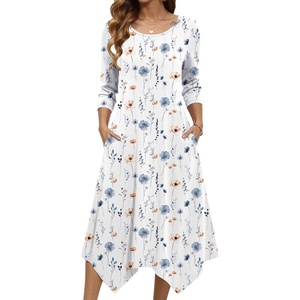 Zeagoo Midi Dresses Women 2026 Dress 3/4 Sleeve Casual Dresses with Pockets A Line Summer Beach Sundress(White Blue)