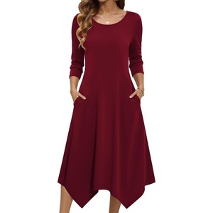 Zeagoo Midi Dresses Women 2026 Dress 3/4 Sleeve Casual Dresses with Pockets A Line Summer Beach Sundress(Wine Red)