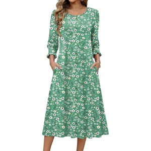 Zeagoo Summer Dresses for Women 2026 3/4 Sleeve Dress for Women Floral Midi Dresses for Casual Womens Dresses with Pockets(C-floral-bf201-new)