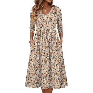 Zeagoo Summer Dresses for Women 2026 3/4 Sleeve Women’s Dress Casual Midi Tshirt Dresses with Pockets Semi-Formal Sundress(Beige)