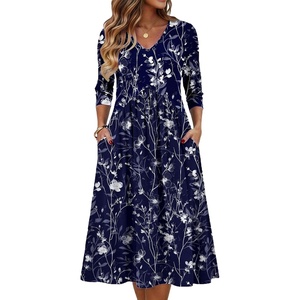 Zeagoo Summer Dresses for Women 2026 3/4 Sleeve Women’s Dress Casual Midi Tshirt Dresses with Pockets Semi-Formal Sundress(Navy Sf180)