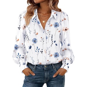Zeagoo Women Button Down Shirts Lantern Long Sleeve Tops Business Casual Chiffon Blouses Trendy Work Clothes(Bf290-white Flowers)