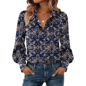Zeagoo Women Button Down Shirts Lantern Long Sleeve Tops Business Casual Chiffon Blouses Trendy Work Clothes(Mz869-navy)