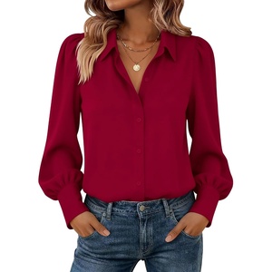 Zeagoo Women Button Down Shirts Lantern Long Sleeve Tops Business Casual Chiffon Blouses Trendy Work Clothes(Red)