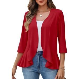 Zeagoo Women’s 2026 Summer 3/4 Sleeve Lightweight Cardigans Open Front Draped Ruffles Kimono Coverups(Red)