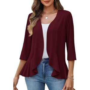 Zeagoo Women’s 2026 Summer 3/4 Sleeve Lightweight Cardigans Open Front Draped Ruffles Kimono Coverups(Wine Red)