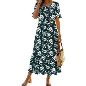 Zeagoo Womens Summer Dresses 2026 Casual Midi Dress Flowy Sundress Ruffle Short Sleeve Tiered Dresses A Line Boho Dress(Deep Green Floral)