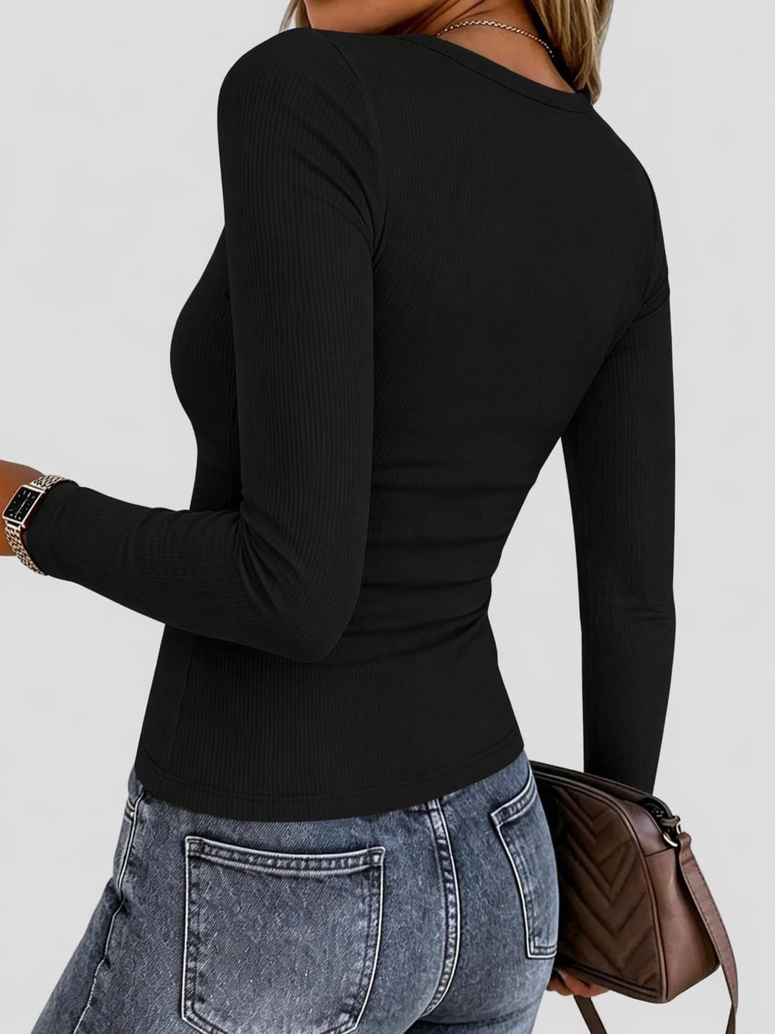 image:imageZeagoo Women Long Sleeve Tops Crewneck Ribbed Knit Fitted Tshirts Dressy Casual Basic Tee 2026 Summer Fall ClothesBlack