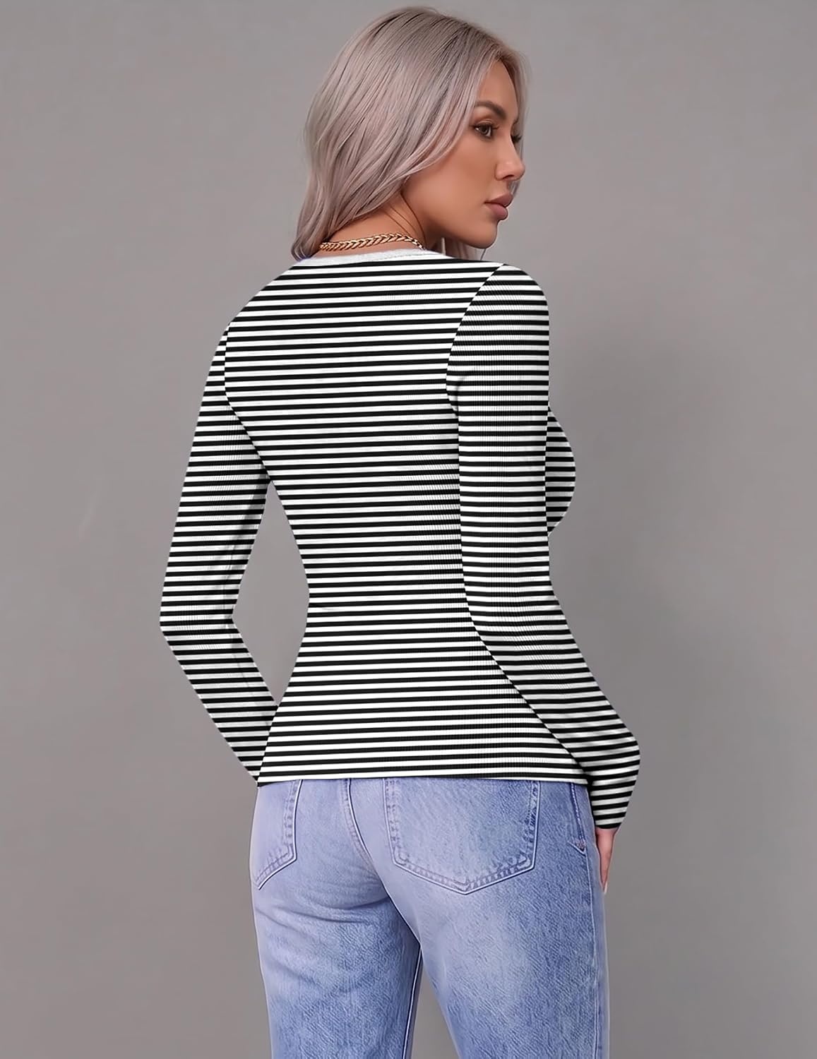image:imageZeagoo Women Long Sleeve Tops Crewneck Ribbed Knit Fitted Tshirts Dressy Casual Basic Tee 2026 Summer Fall ClothesBlack White Stripe