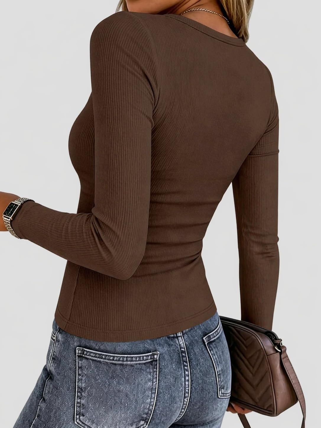 image:imageZeagoo Women Long Sleeve Tops Crewneck Ribbed Knit Fitted Tshirts Dressy Casual Basic Tee 2026 Summer Fall ClothesBrown