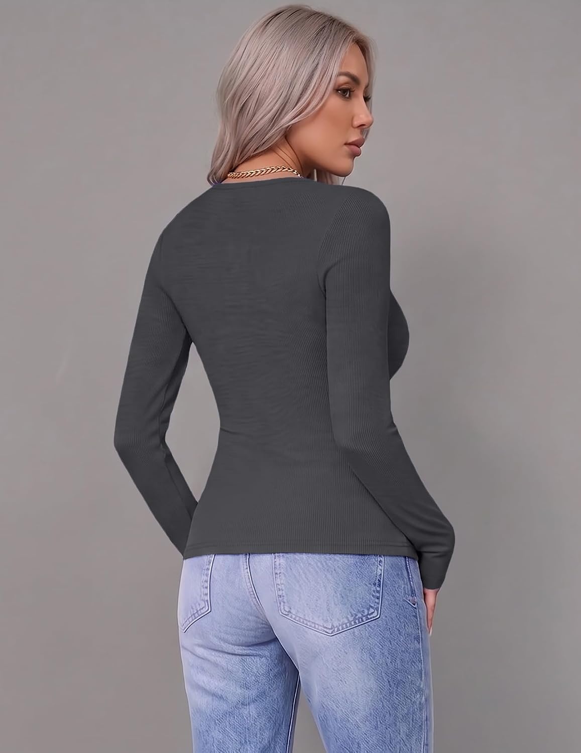image:imageZeagoo Women Long Sleeve Tops Crewneck Ribbed Knit Fitted Tshirts Dressy Casual Basic Tee 2026 Summer Fall ClothesCharcoal