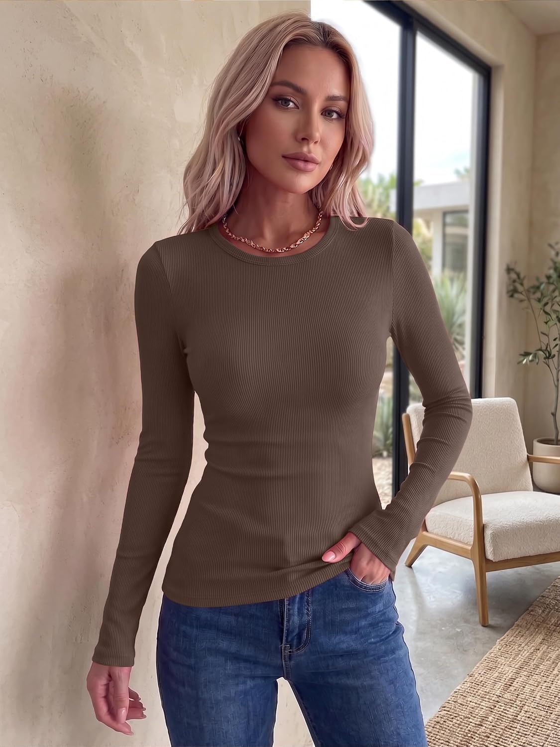 image:imageZeagoo Women Long Sleeve Tops Crewneck Ribbed Knit Fitted Tshirts Dressy Casual Basic Tee 2026 Summer Fall ClothesLight Khaki