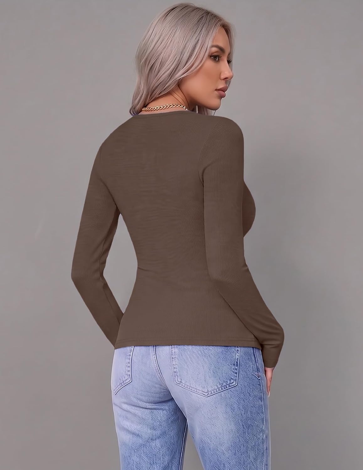 image:imageZeagoo Women Long Sleeve Tops Crewneck Ribbed Knit Fitted Tshirts Dressy Casual Basic Tee 2026 Summer Fall ClothesLight Khaki