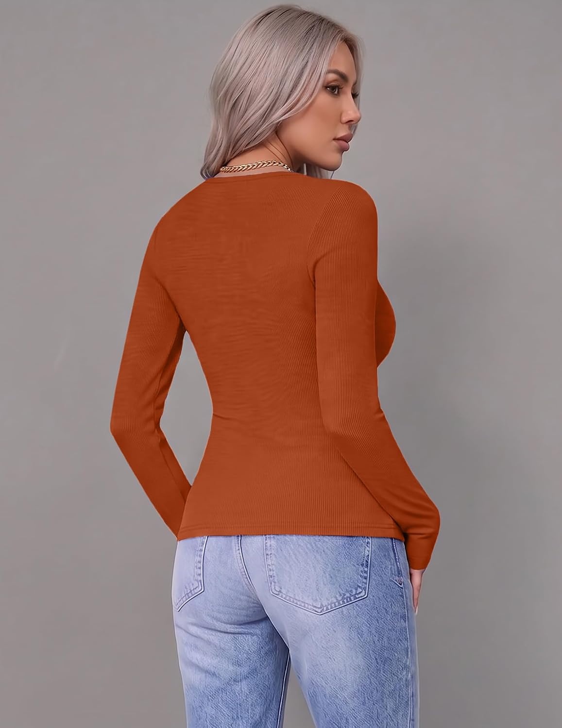 image:imageZeagoo Women Long Sleeve Tops Crewneck Ribbed Knit Fitted Tshirts Dressy Casual Basic Tee 2026 Summer Fall ClothesOrange