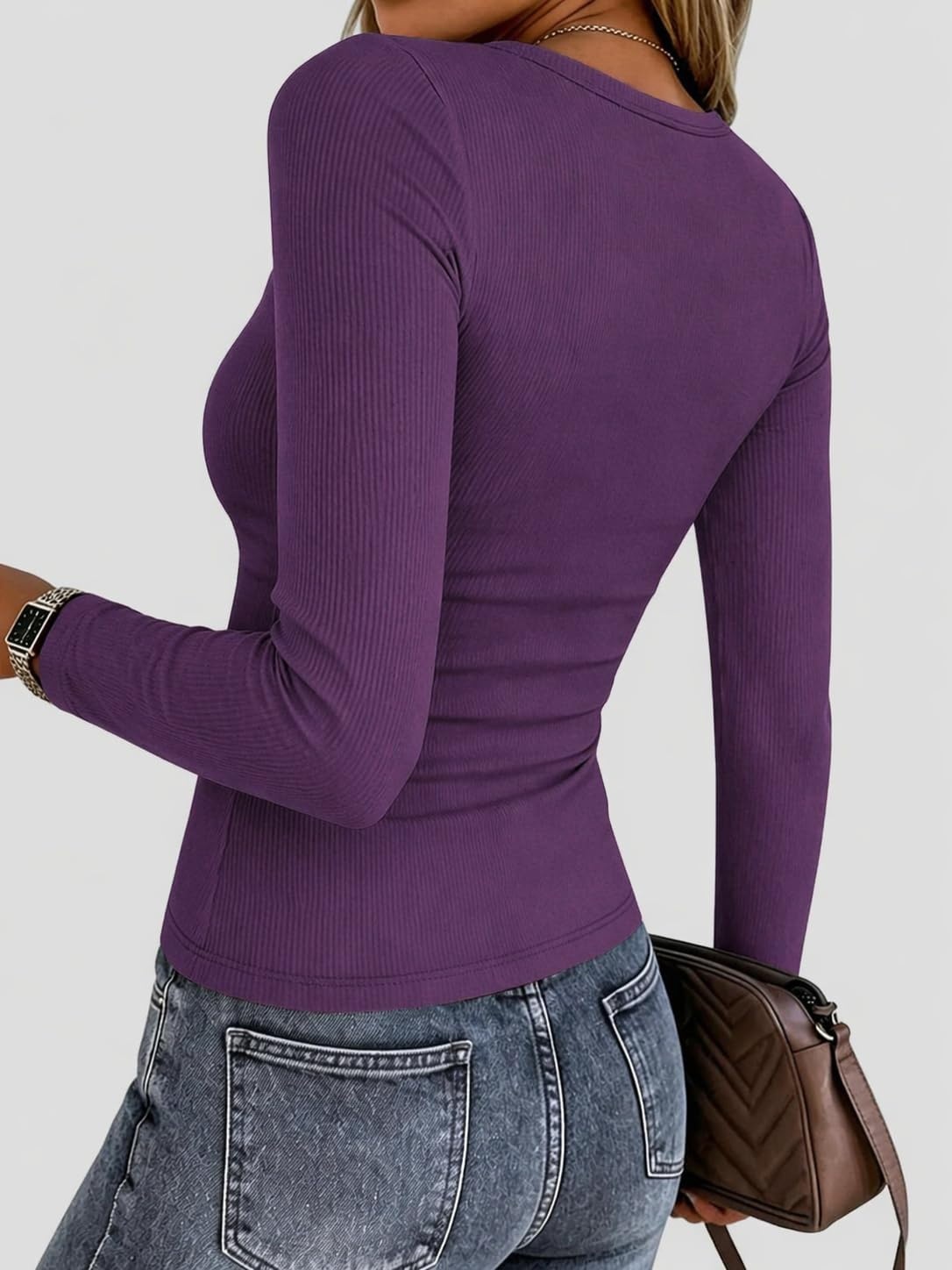 image:imageZeagoo Women Long Sleeve Tops Crewneck Ribbed Knit Fitted Tshirts Dressy Casual Basic Tee 2026 Summer Fall ClothesPurple