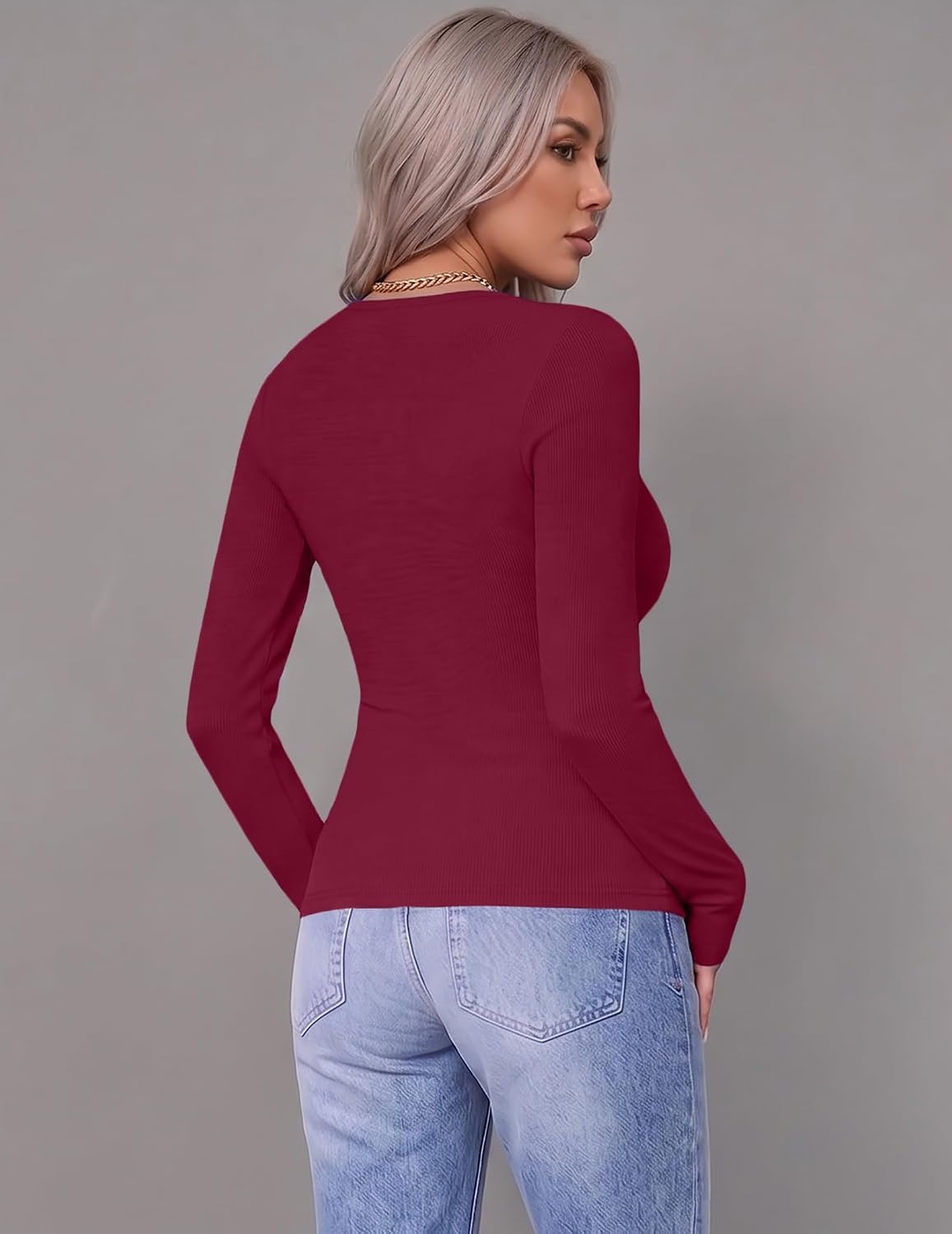 image:imageZeagoo Women Long Sleeve Tops Crewneck Ribbed Knit Fitted Tshirts Dressy Casual Basic Tee 2026 Summer Fall ClothesWine Red