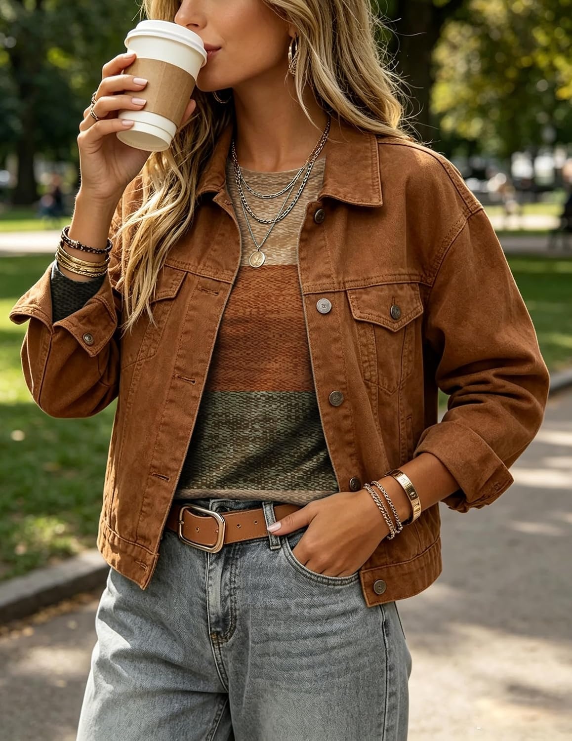 image:imageZeagoo Womens Casual Shirts Long Sleeve Tops Soft Crewneck Tshirts Basic Tee Business Workout Outfit 2026 Fall ClothesZ Stripes Brown 398