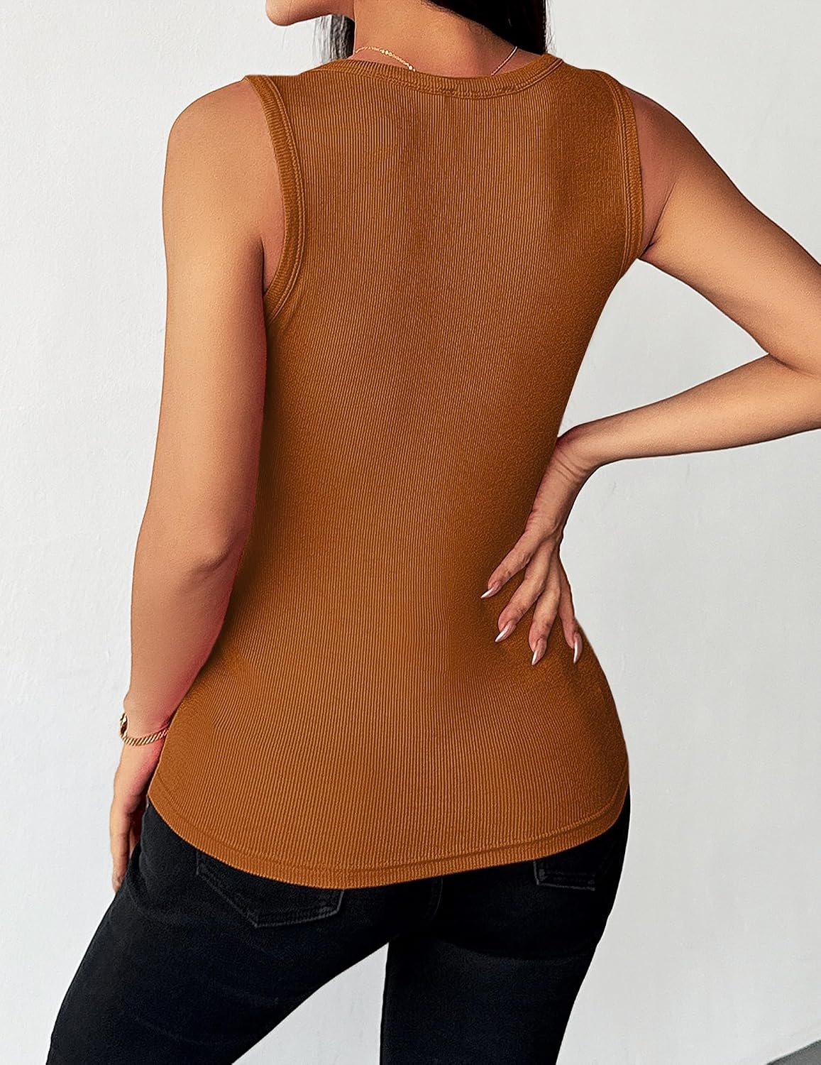 image:imageZeagoo Womens Ribbed Tank Tops Square Neck Summer Tops Slim Fitted Spaghetti Strap Camisole Basic Sleeveless Layering ShirtsLight Brown