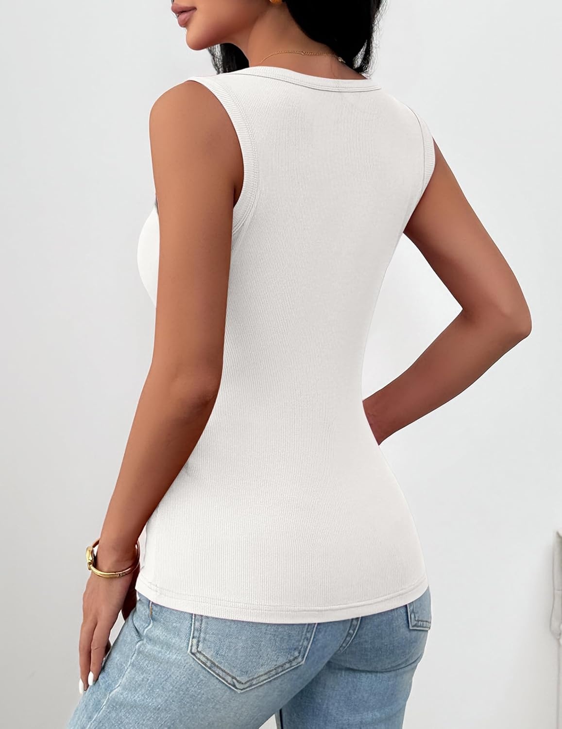image:imageZeagoo Womens Square Neck Ribbed Tank Tops 2026 Summer Casual Slim Fit Basic Cute Sleeveless Shirts Going Out Top01 White