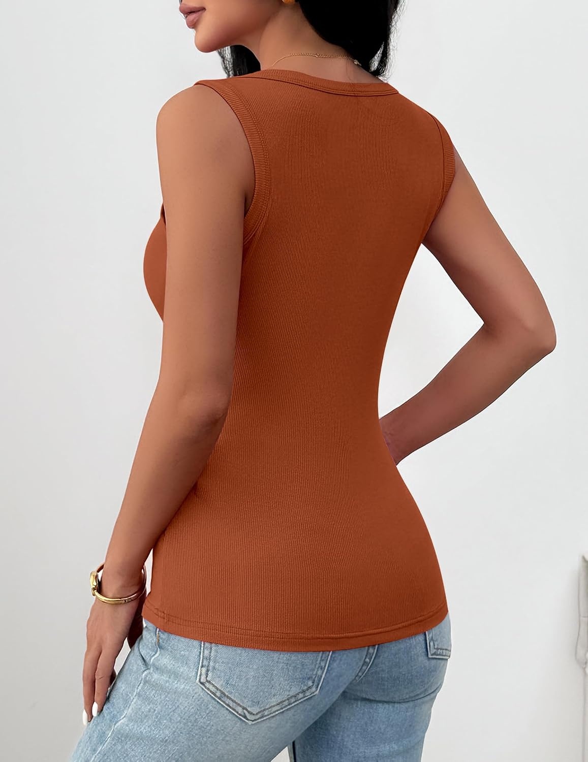 image:imageZeagoo Womens Square Neck Ribbed Tank Tops 2026 Summer Casual Slim Fit Basic Cute Sleeveless Shirts Going Out TopCaramel