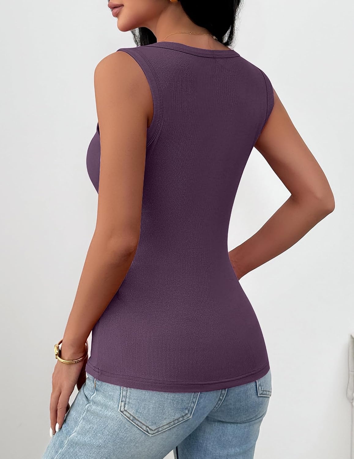 image:imageZeagoo Womens Square Neck Ribbed Tank Tops 2026 Summer Casual Slim Fit Basic Cute Sleeveless Shirts Going Out TopDark Purple
