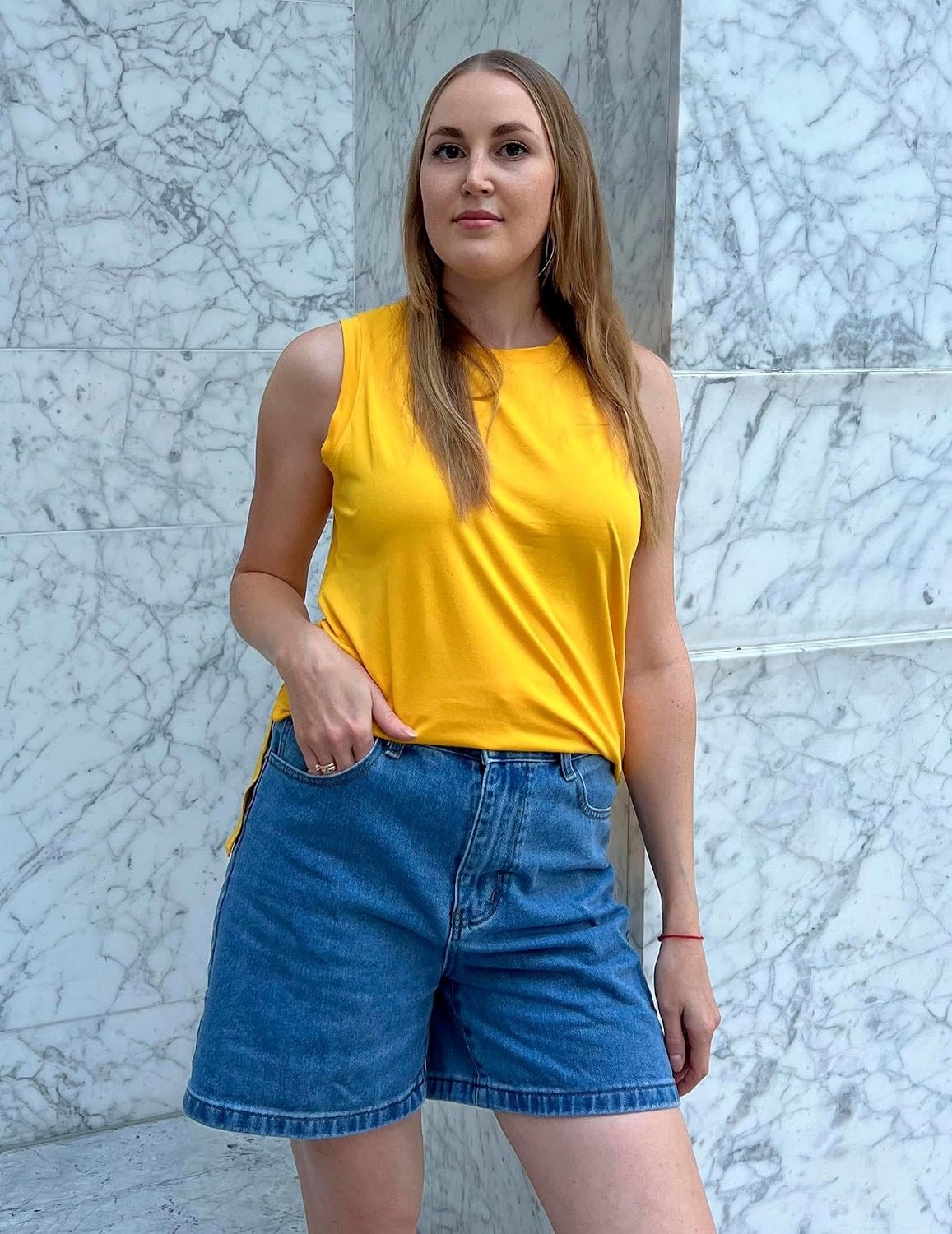 image:imageZeagoo Womens Summer Tops Dressy Casual High Neck Sleeveless Shirts Basic Loose Fit Tank Tops Beach Vacation 2 PackByellowblue