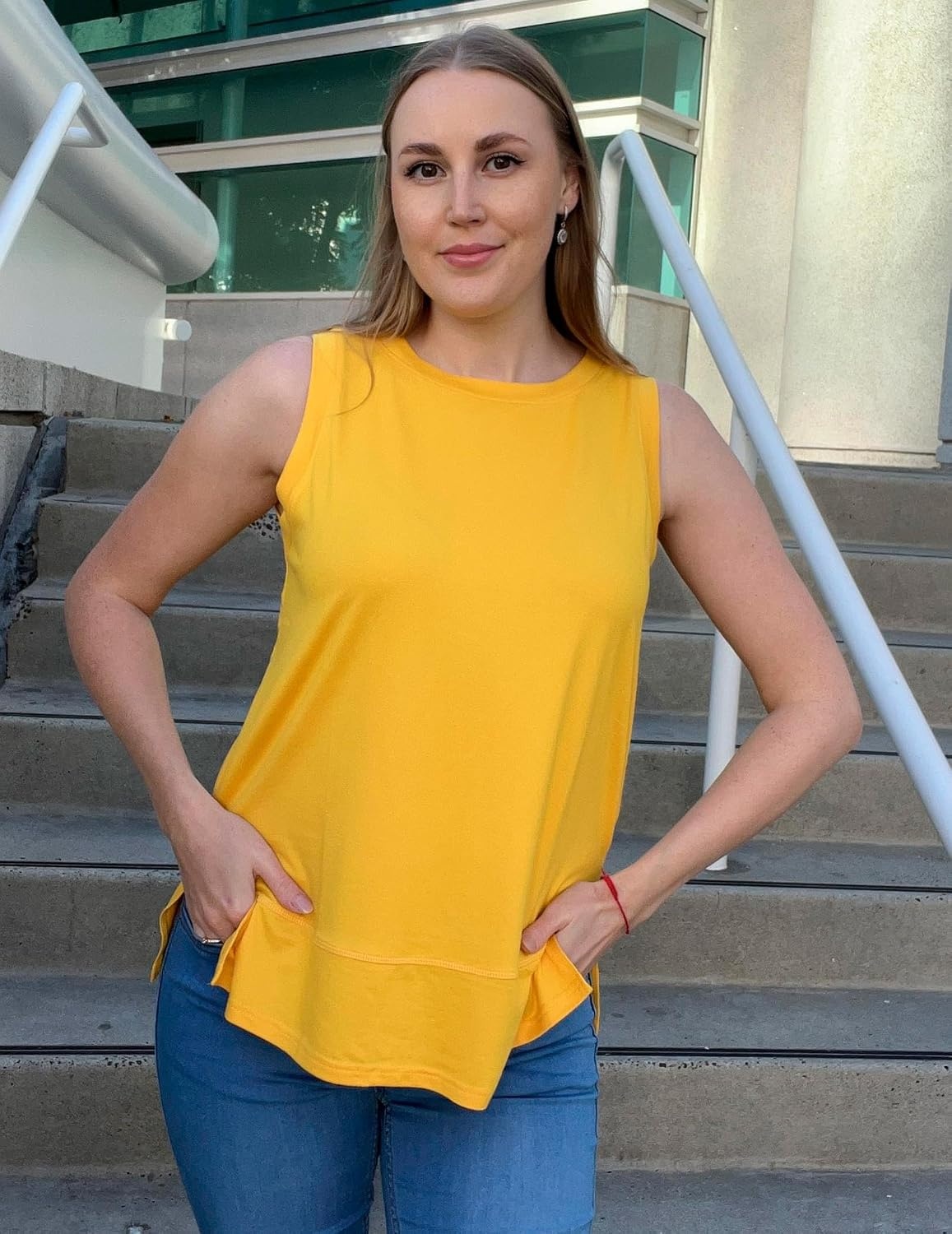 image:imageZeagoo Womens Summer Tops Dressy Casual High Neck Sleeveless Shirts Basic Loose Fit Tank Tops Beach Vacation 2 PackByellowblue