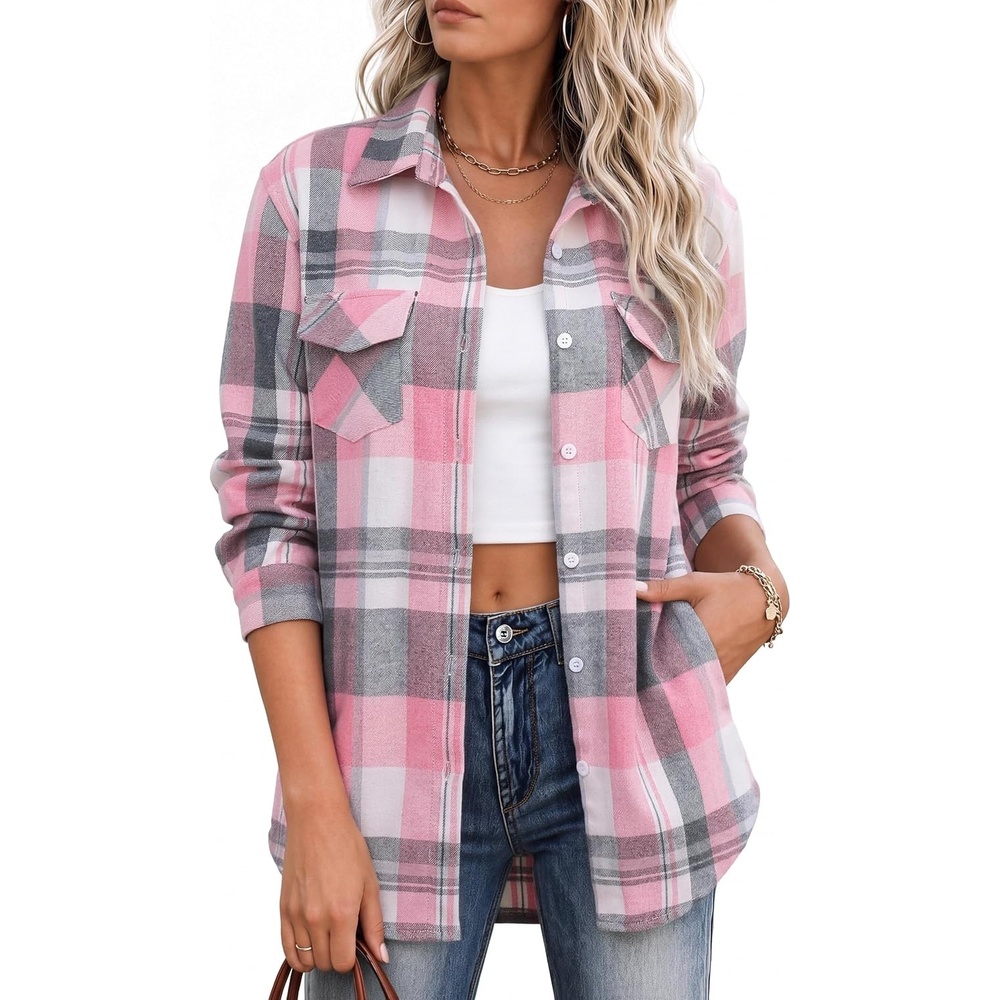 image:imageZeagoo Flannel Shirt Women Plaid Button Down Shackets Long Sleeve Fall Tops Cotton Brushed Flannel Shirts Lightweight Loose Fit Blouse Business Casual Office Outfits 2026 Fashion Summer Western ClothesAgw298