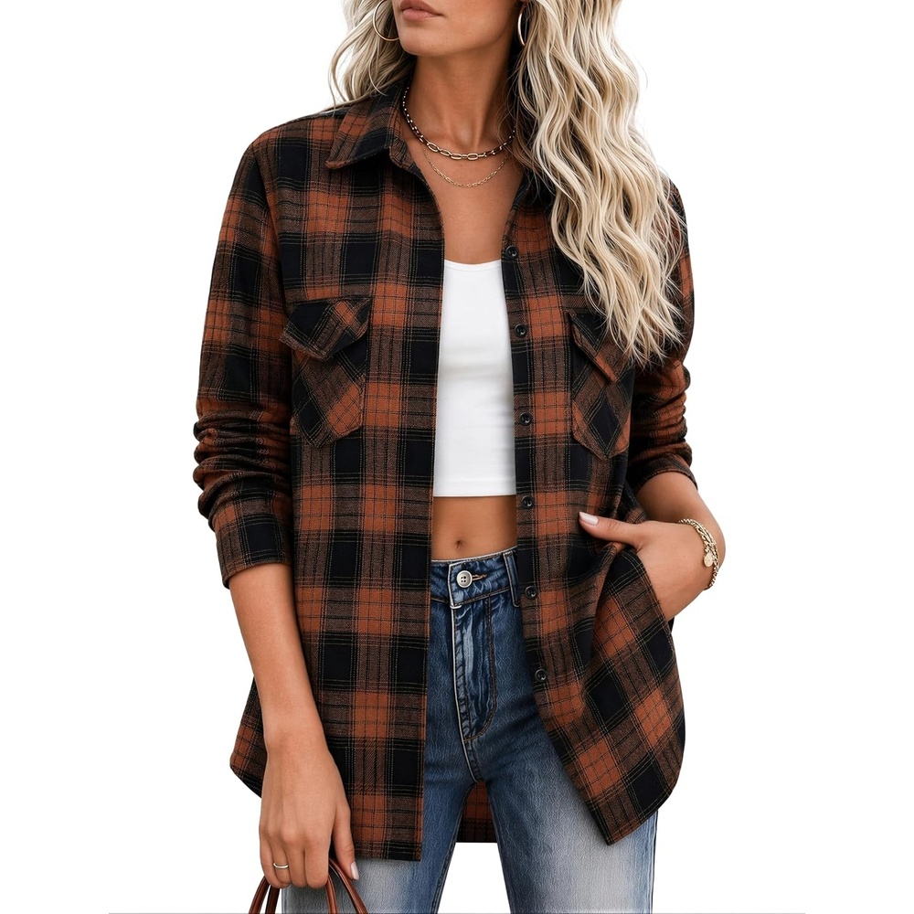 image:imageZeagoo Flannel Shirt Women Plaid Button Down Shackets Long Sleeve Fall Tops Cotton Brushed Flannel Shirts Lightweight Loose Fit Blouse Business Casual Office Outfits 2026 Fashion Summer Western ClothesAgz803