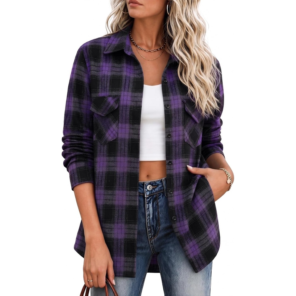 image:imageZeagoo Flannel Shirt Women Plaid Button Down Shackets Long Sleeve Fall Tops Cotton Brushed Flannel Shirts Lightweight Loose Fit Blouse Business Casual Office Outfits 2026 Fashion Summer Western ClothesGw544
