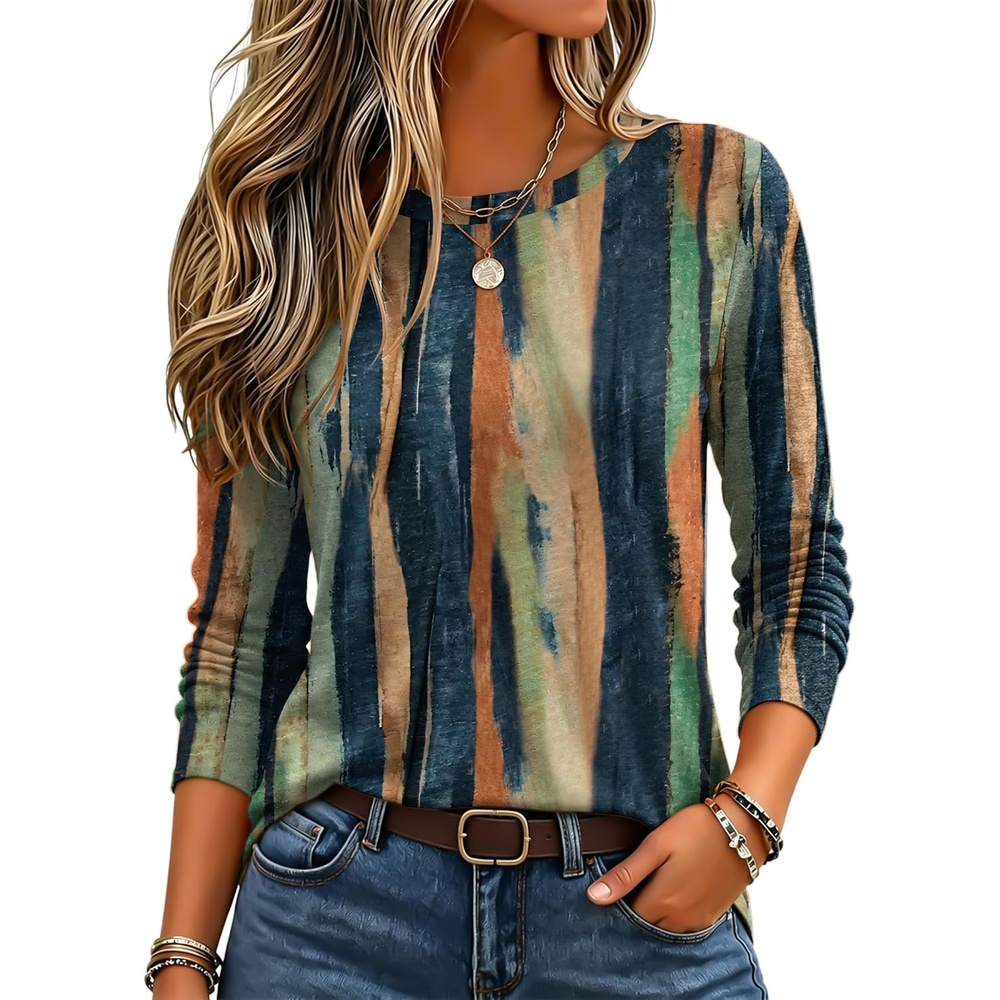 image:imageZeagoo Womens Casual Shirts Long Sleeve Tops Soft Crewneck Tshirts Basic Tee Business Workout Outfit 2026 Fall ClothesZ Stripes Multicolor 289