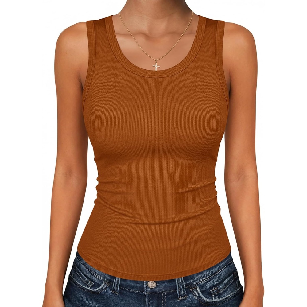 image:imageZeagoo Womens Ribbed Tank Tops Square Neck Summer Tops Slim Fitted Spaghetti Strap Camisole Basic Sleeveless Layering ShirtsLight Brown
