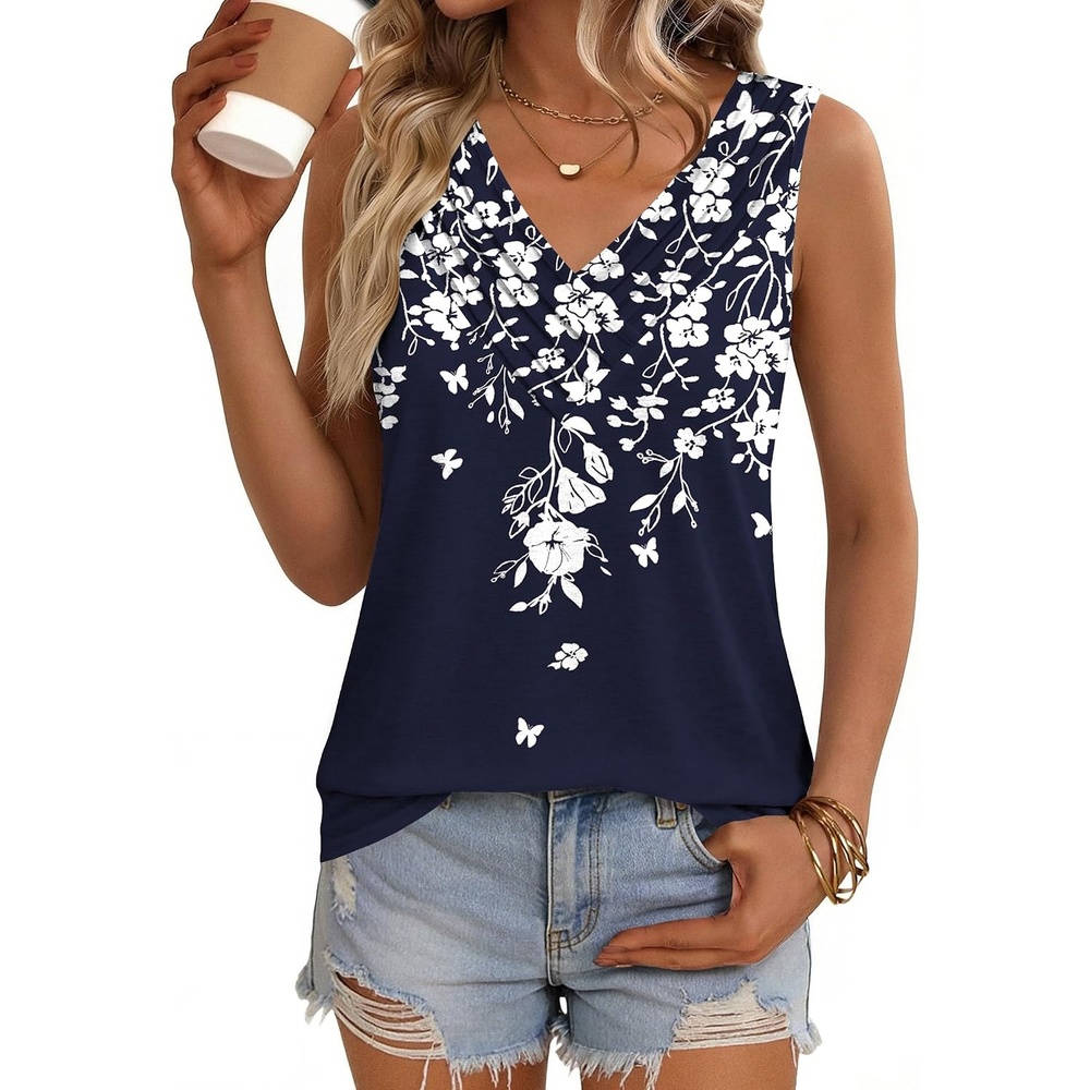 image:imageZeagoo Womens Tank Tops 2026 Summer Sleeveless Loose Fit Tops V Neck Pleated Trendy Fashion Business Casual ShirtsSf103 Flower