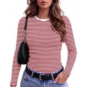 Zeagoo Women Long Sleeve Tops Crewneck Ribbed Knit Fitted Tshirts Dressy Casual Basic Tee 2026 Summer Fall Clothes(Red White Stripe)