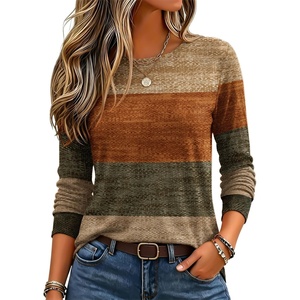 Zeagoo Women’s Casual Shirts Long Sleeve Tops Soft Crewneck Tshirts Basic Tee Business Workout Outfit 2026 Fall Clothes(Z Stripes Brown 398)