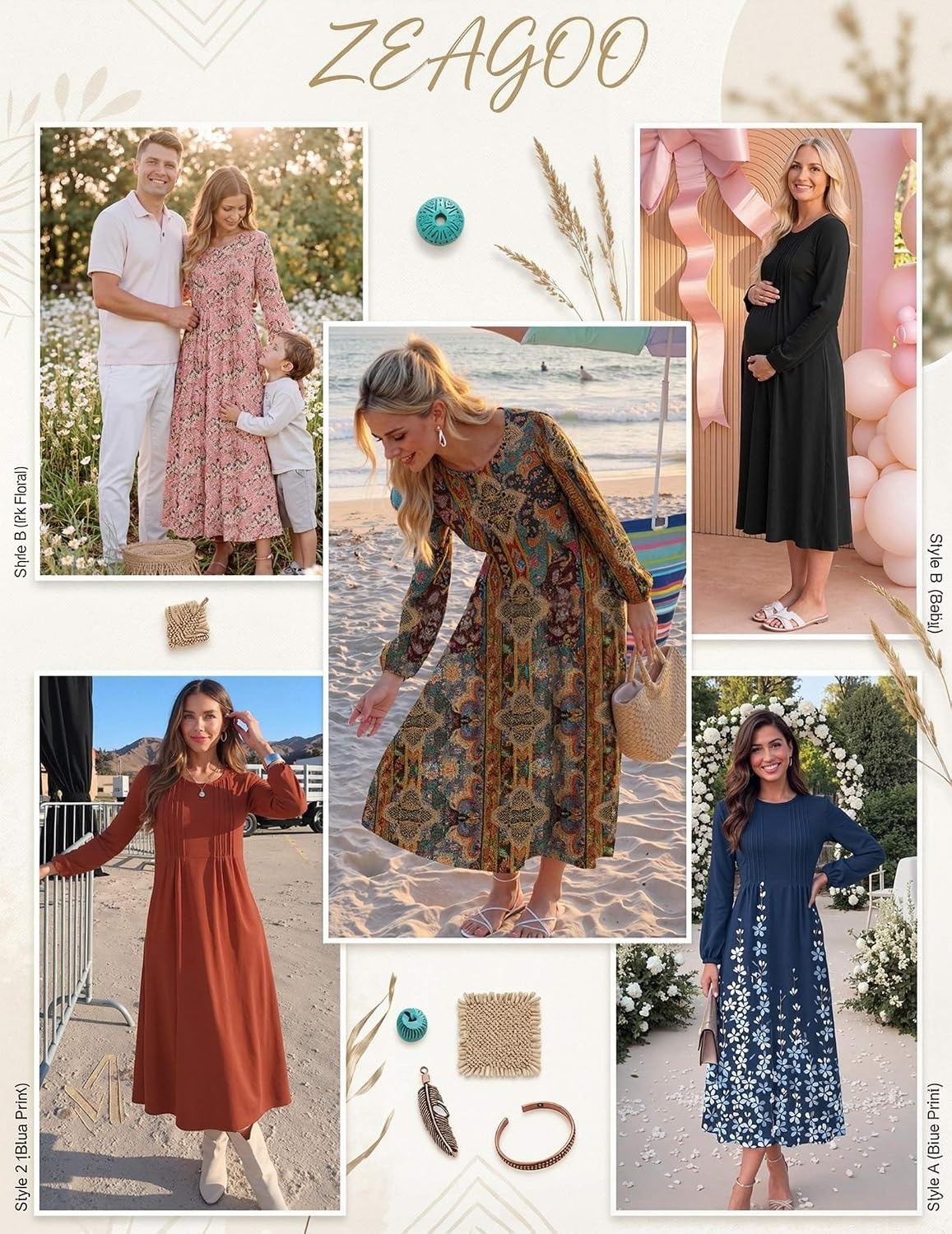 image:imageZeagoo Fall Dresses for Women Long Sleeve Midi Dress Casual A Line Dresses 2026 Pleated Flare Dress with PocketsAutumn Leaf Print