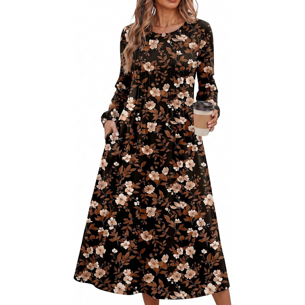 image:imageZeagoo Fall Dresses for Women Long Sleeve Midi Dress Casual A Line Dresses 2026 Pleated Flare Dress with PocketsAutumn Leaf Print