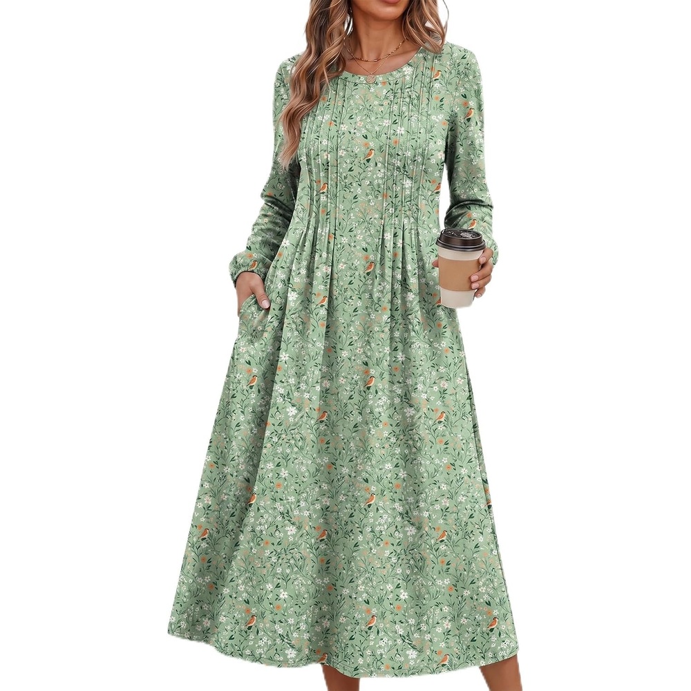 image:imageZeagoo Fall Dresses for Women Long Sleeve Midi Dress Casual A Line Dresses 2026 Pleated Flare Dress with PocketsLight Green Floral