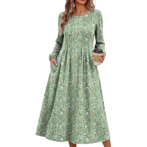 Zeagoo Fall Dresses for Women Long Sleeve Midi Dress Casual A Line Dresses 2026 Pleated Flare Dress with Pockets(Light Green Floral)
