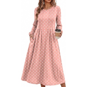 Zeagoo Fall Dresses for Women Long Sleeve Midi Dress Casual A Line Dresses 2026 Pleated Flare Dress with Pockets(Pink Polka Dot)