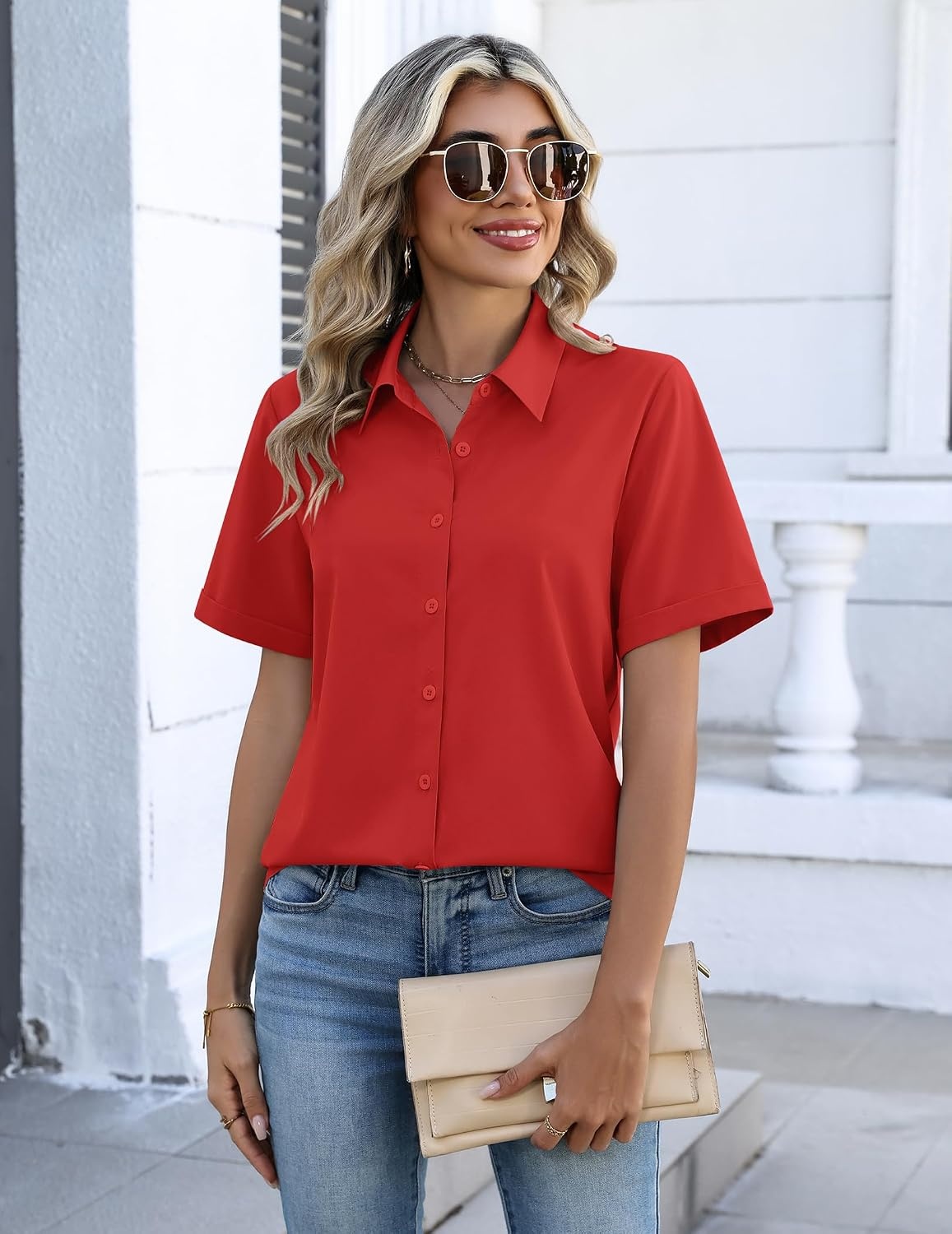 image:imageZeagoo Button Down Shirts for Women Short Sleeve Collared Tops Dressy Casual V Neck BlousesRed
