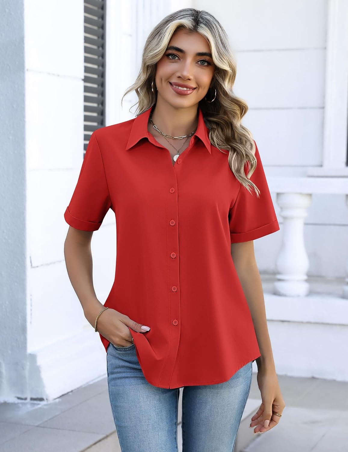 image:imageZeagoo Button Down Shirts for Women Short Sleeve Collared Tops Dressy Casual V Neck BlousesRed