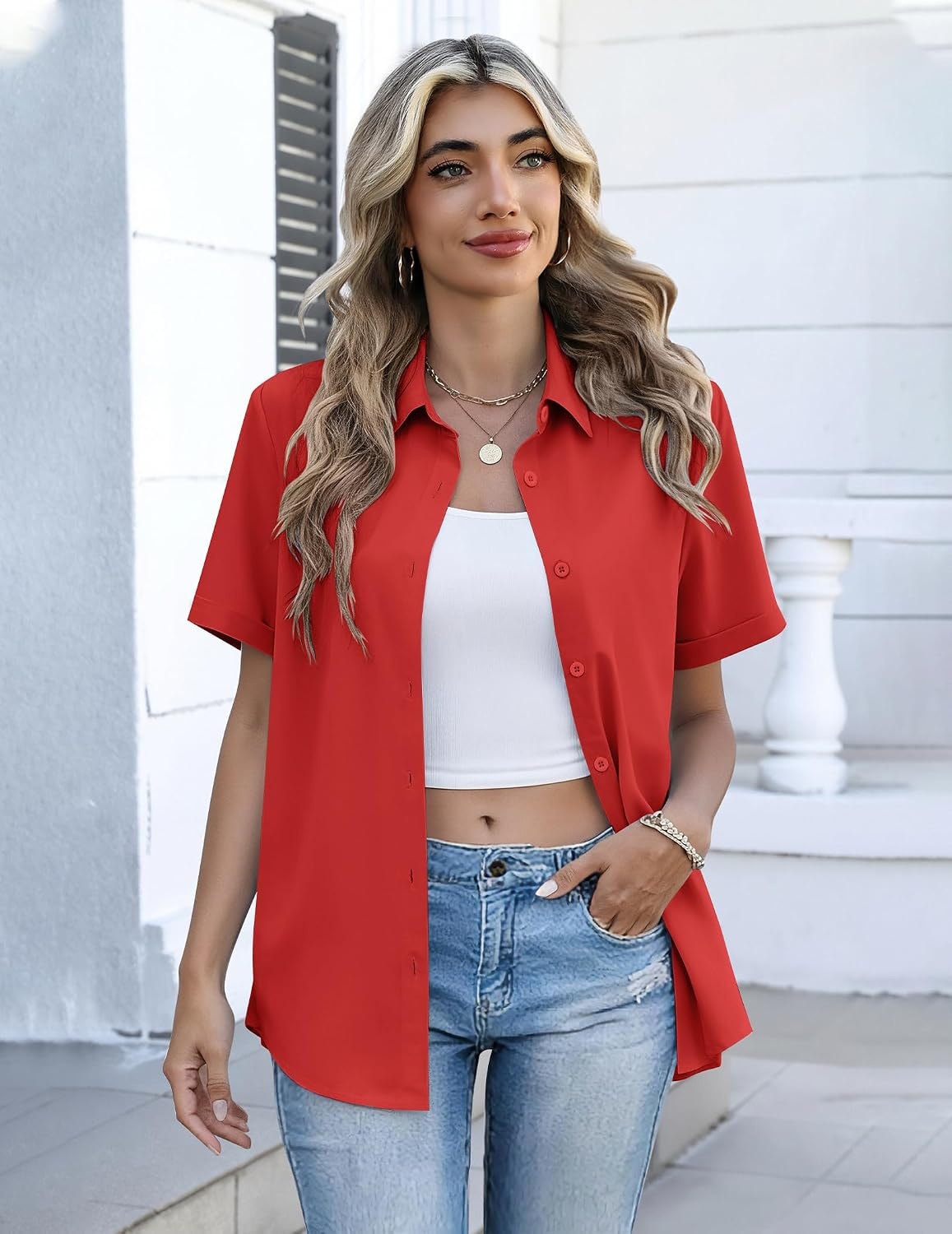image:imageZeagoo Button Down Shirts for Women Short Sleeve Collared Tops Dressy Casual V Neck BlousesRed