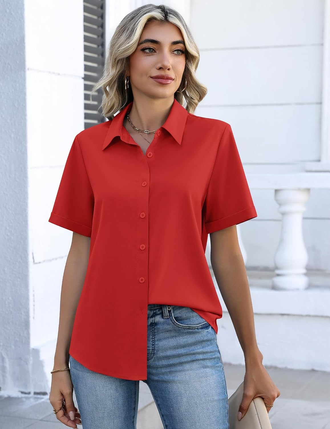 image:imageZeagoo Button Down Shirts for Women Short Sleeve Collared Tops Dressy Casual V Neck BlousesRed