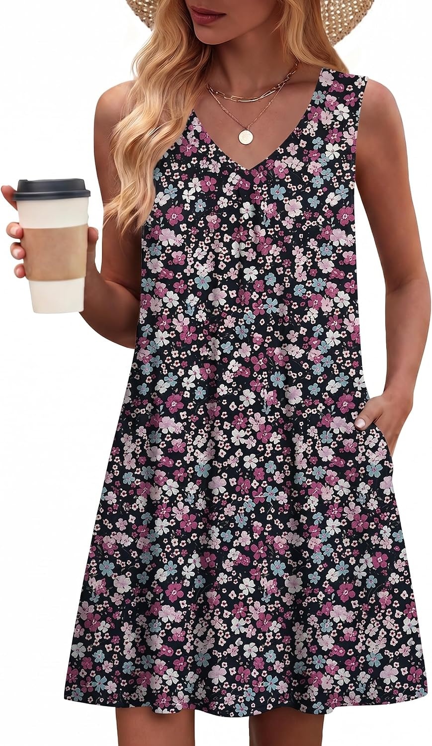 image:imageZeagoo Summer Dresses for Women 2026 Sleeveless Dress V Neck Tank Dress Pleated Floral Tshirt Sundresses with PocketsXh377