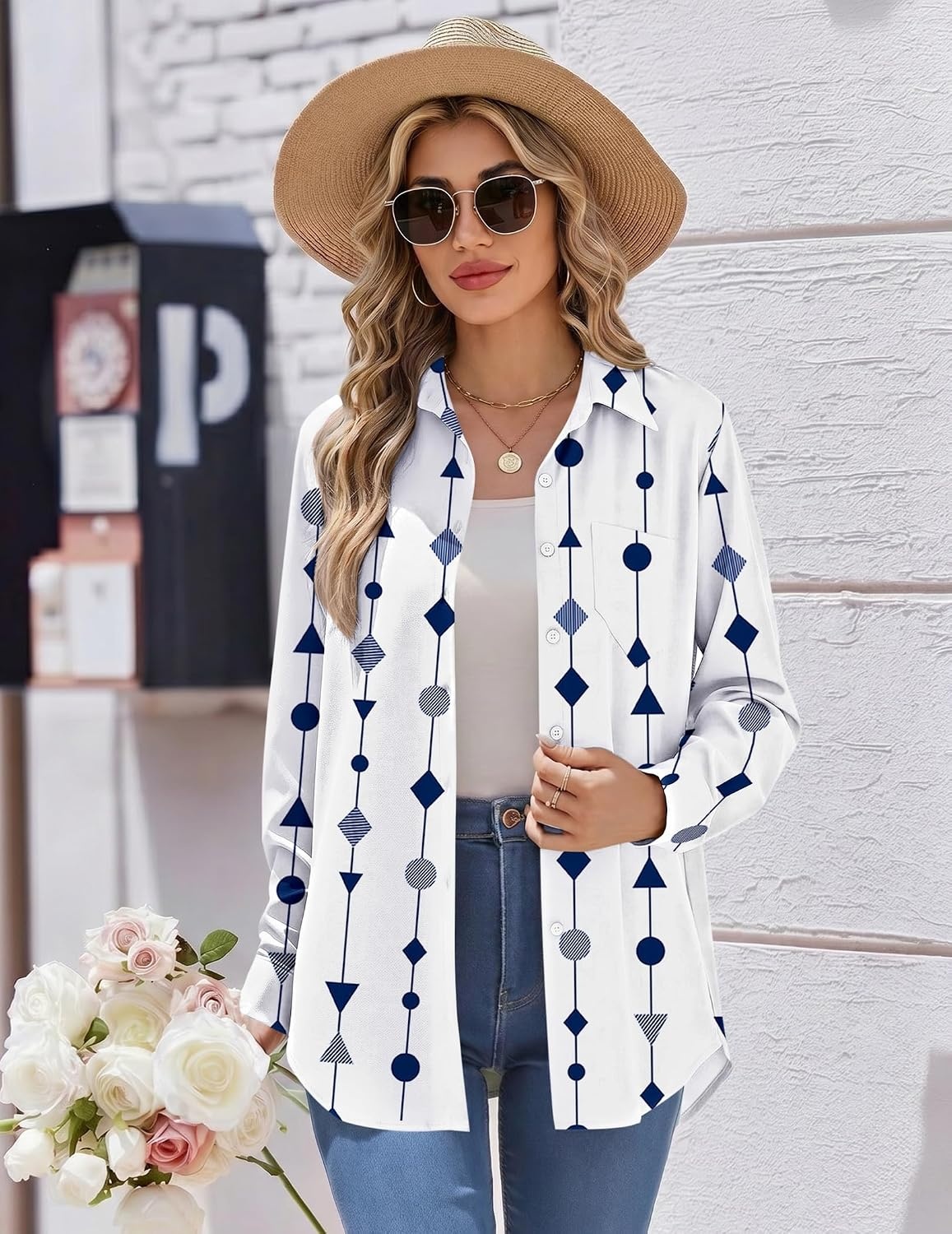 image:imageZeagoo Womens Button Down Shirt Long Sleeve Work Blouse with Pocket Business Clothing Dressy Casual Shirts Floral Blouse Solid Color Office WearAjh599