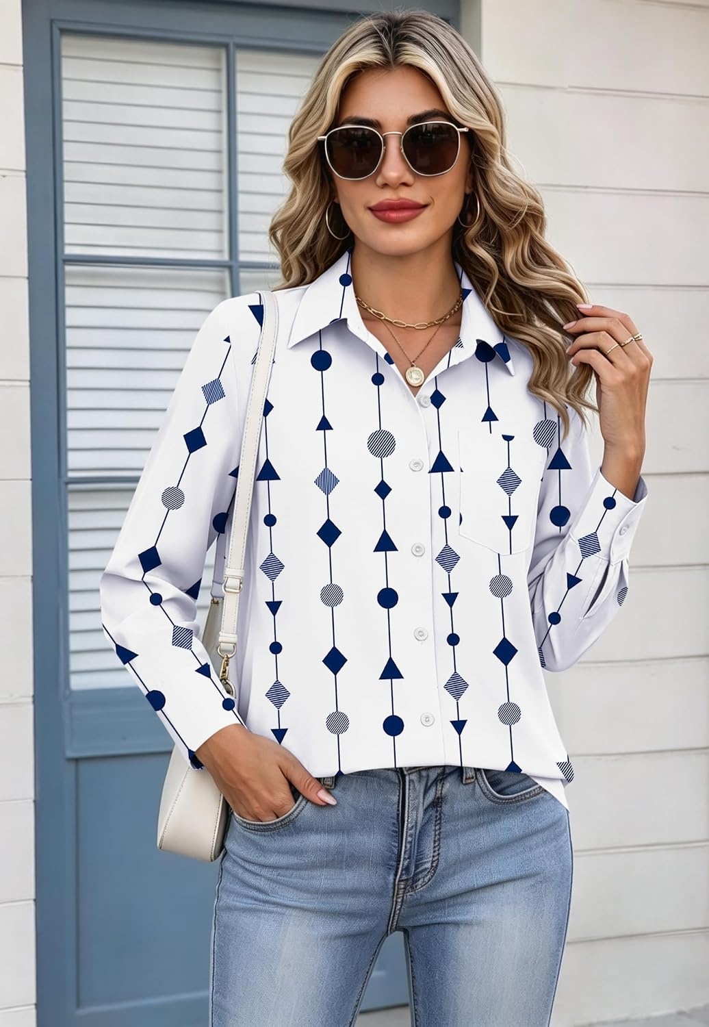 image:imageZeagoo Womens Button Down Shirt Long Sleeve Work Blouse with Pocket Business Clothing Dressy Casual Shirts Floral Blouse Solid Color Office WearAjh599